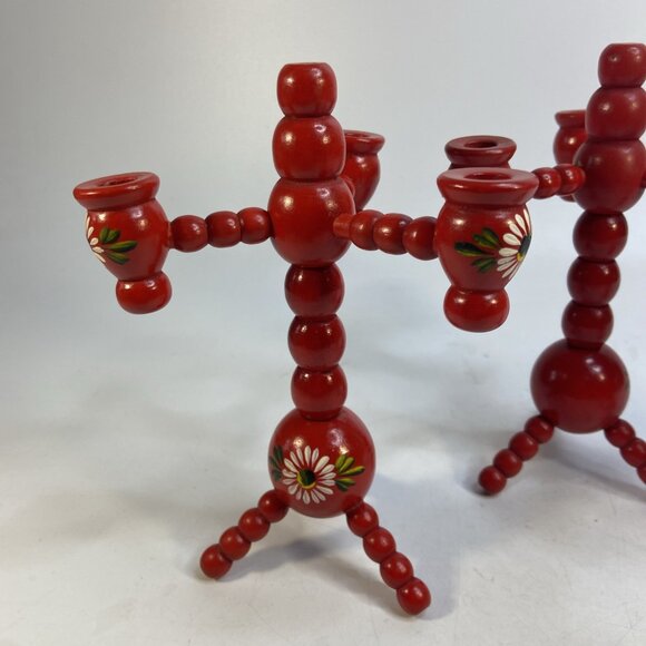 Swedish Traditional Bobbin Candle Holders 3 Arm Hand Painted Wood Red Set of 3 - Picture 2 of 10